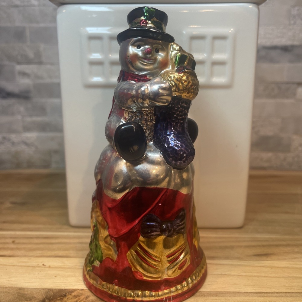 Vintage Mercury Glass Snowman Christmas Bell‎ Holiday Ornament Figurine Retro